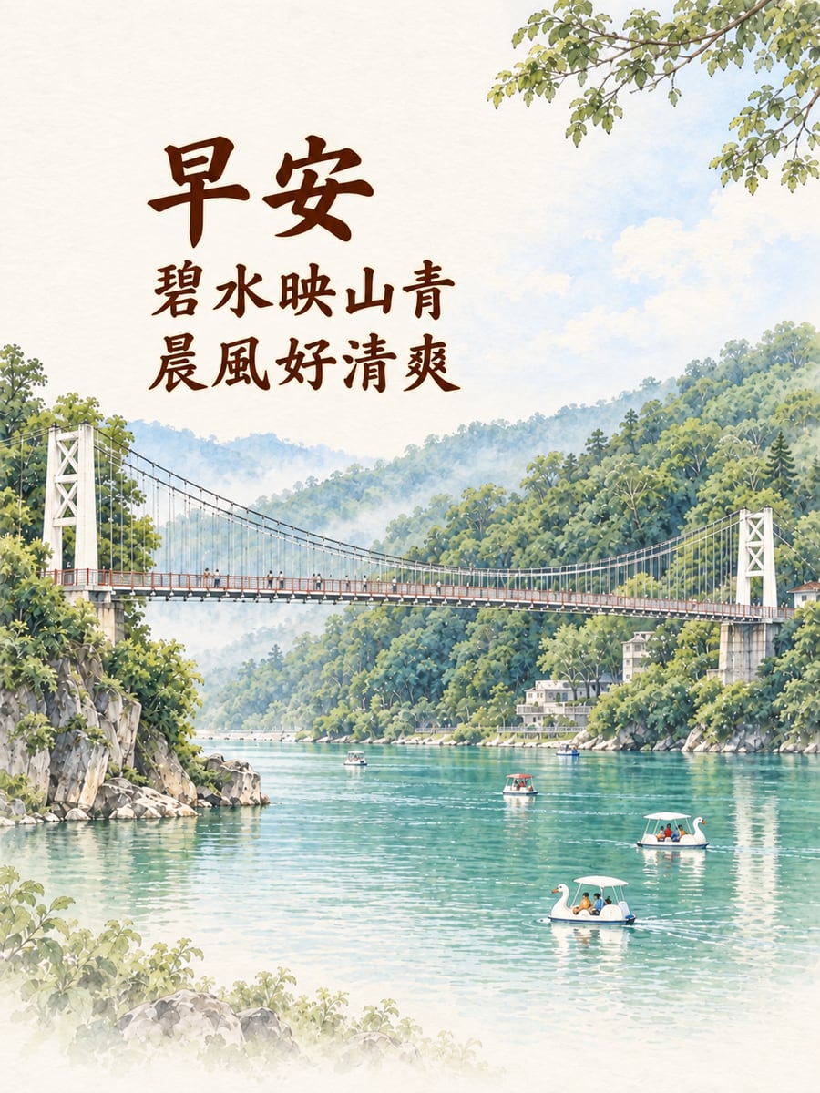 碧潭晨光。圖中文字：早安，碧水映山青，晨風好清爽