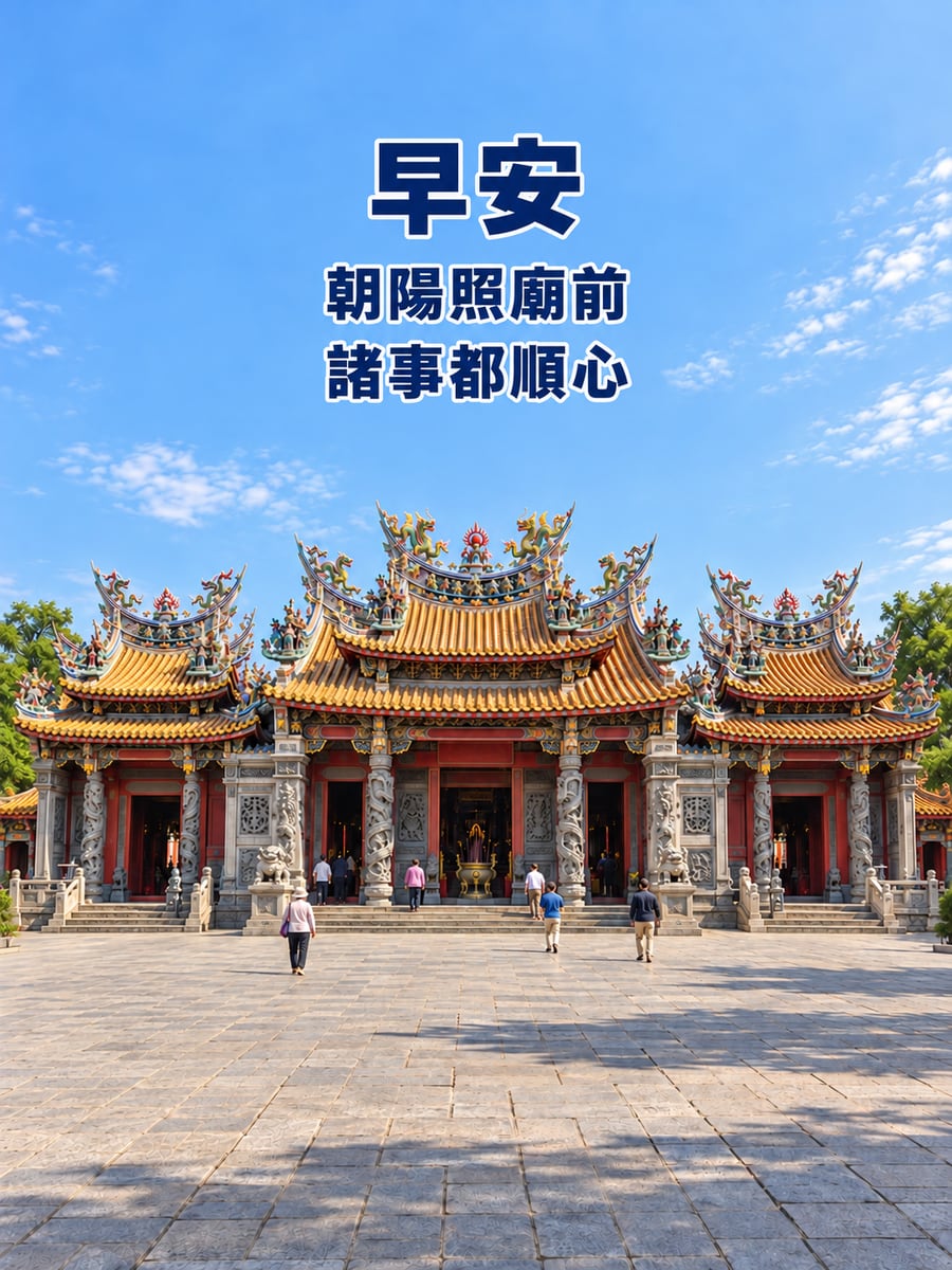 朝天宮晨光。圖中文字：早安，朝陽照廟前，諸事都順心