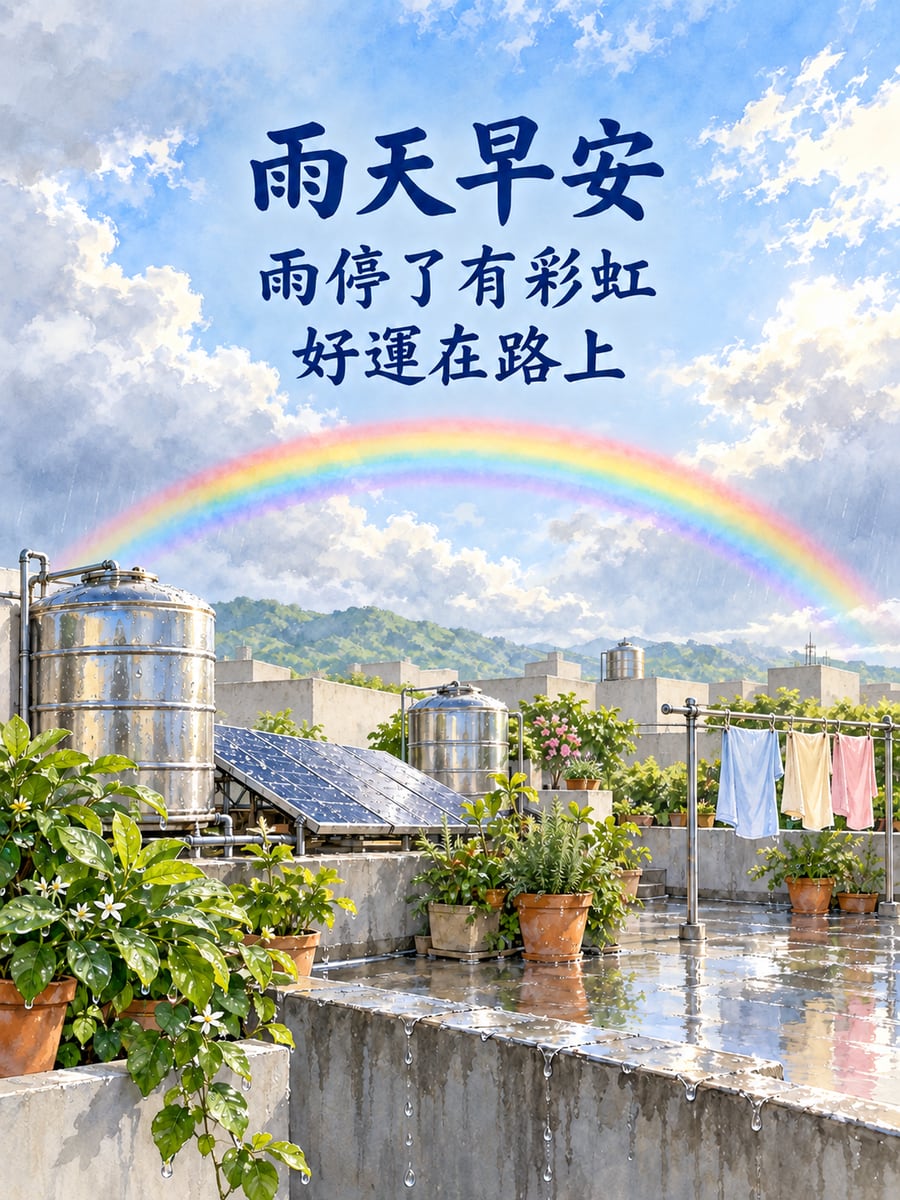雨停了就有彩虹。圖中文字：雨天早安，雨停了有彩虹，好運在路上