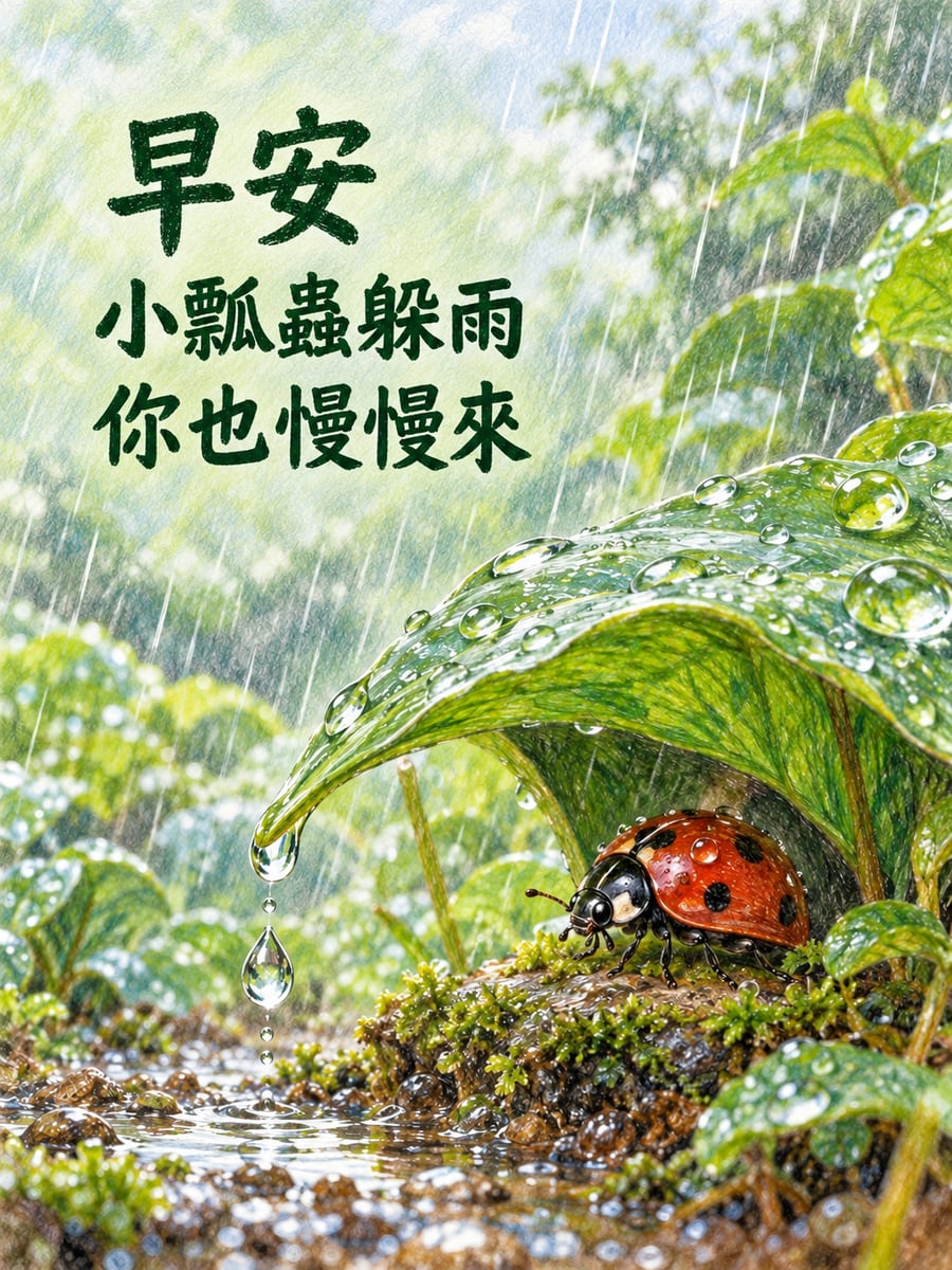 瓢蟲躲雨。圖中文字：早安，小瓢蟲躲雨，你也慢慢來