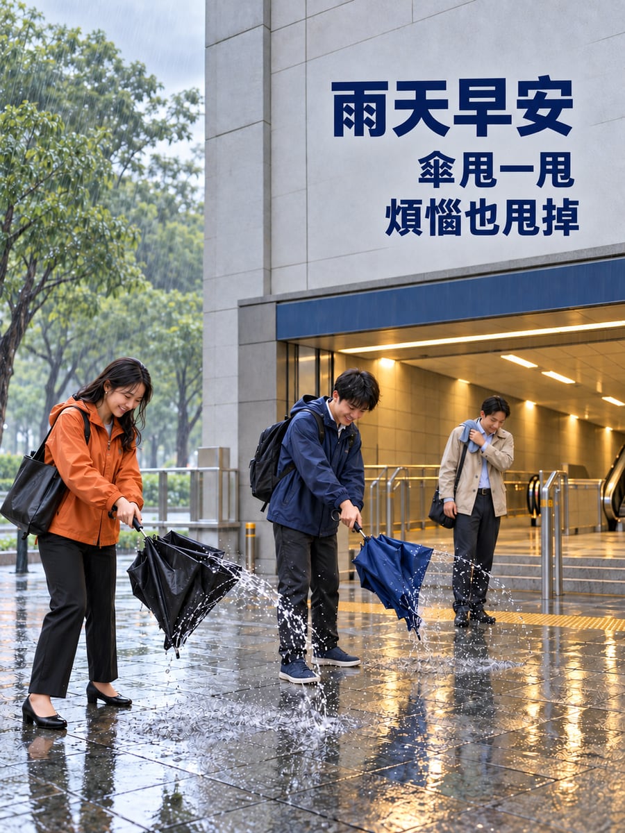傘甩一甩。圖中文字：雨天早安，傘甩一甩，煩惱也甩掉