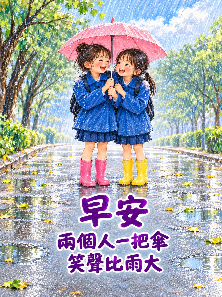 兩個人一把傘。圖中文字：早安，兩個人一把傘，笑聲比雨大