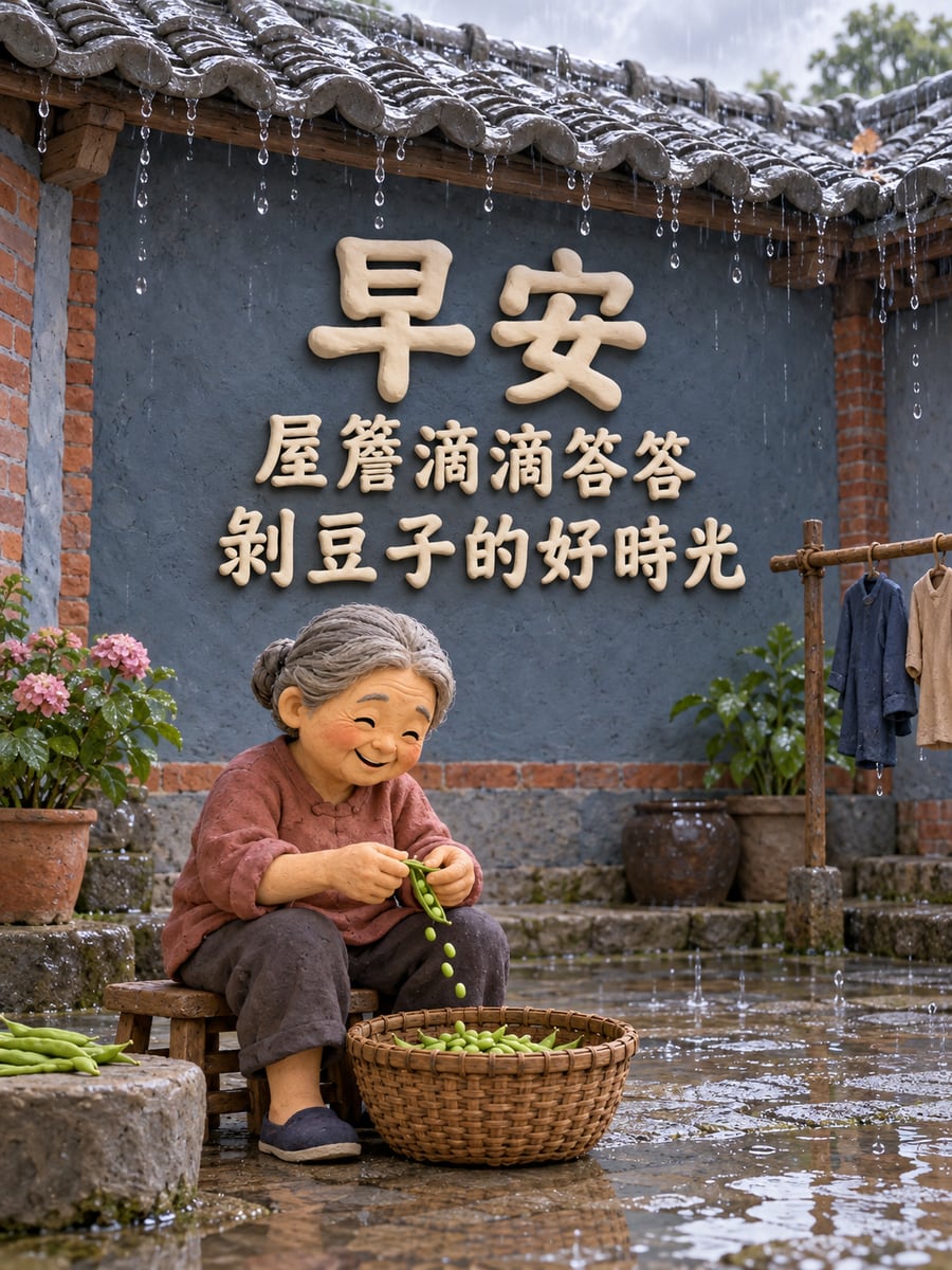 屋簷下剝豆子。圖中文字：早安，屋簷滴滴答答，剝豆子的好時光