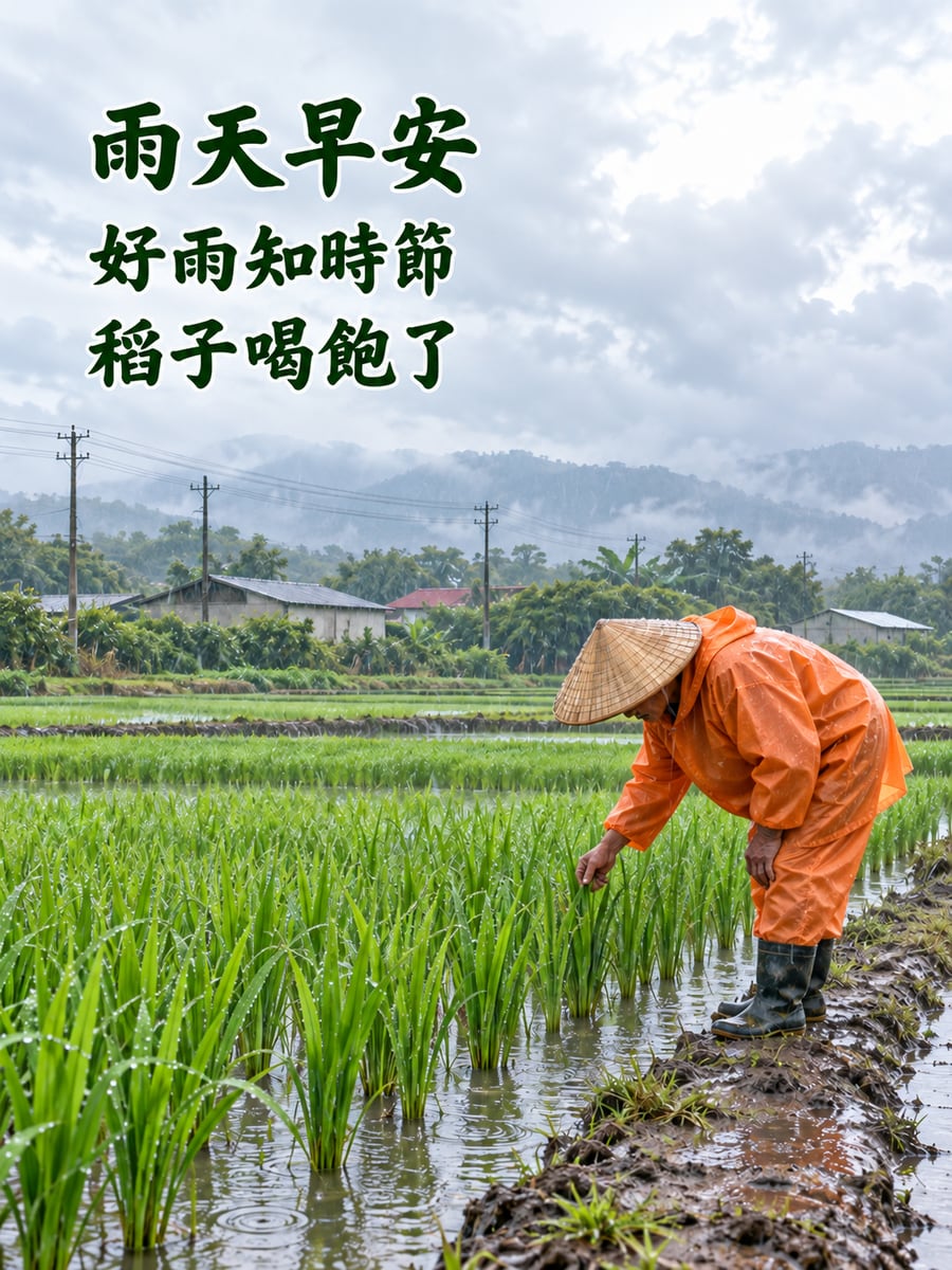 好雨知時節。圖中文字：雨天早安，好雨知時節，稻子喝飽了