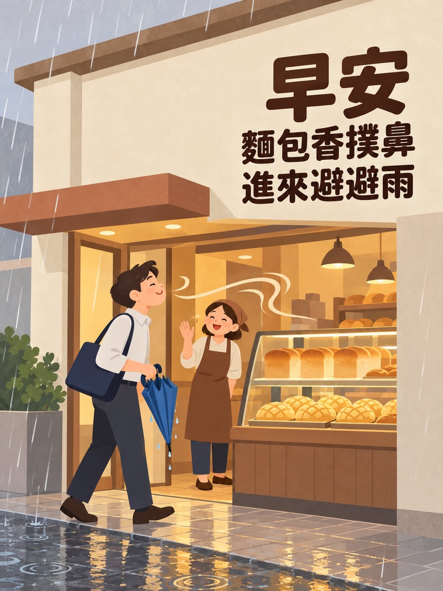 麵包香撲鼻。圖中文字：早安，麵包香撲鼻，進來避避雨