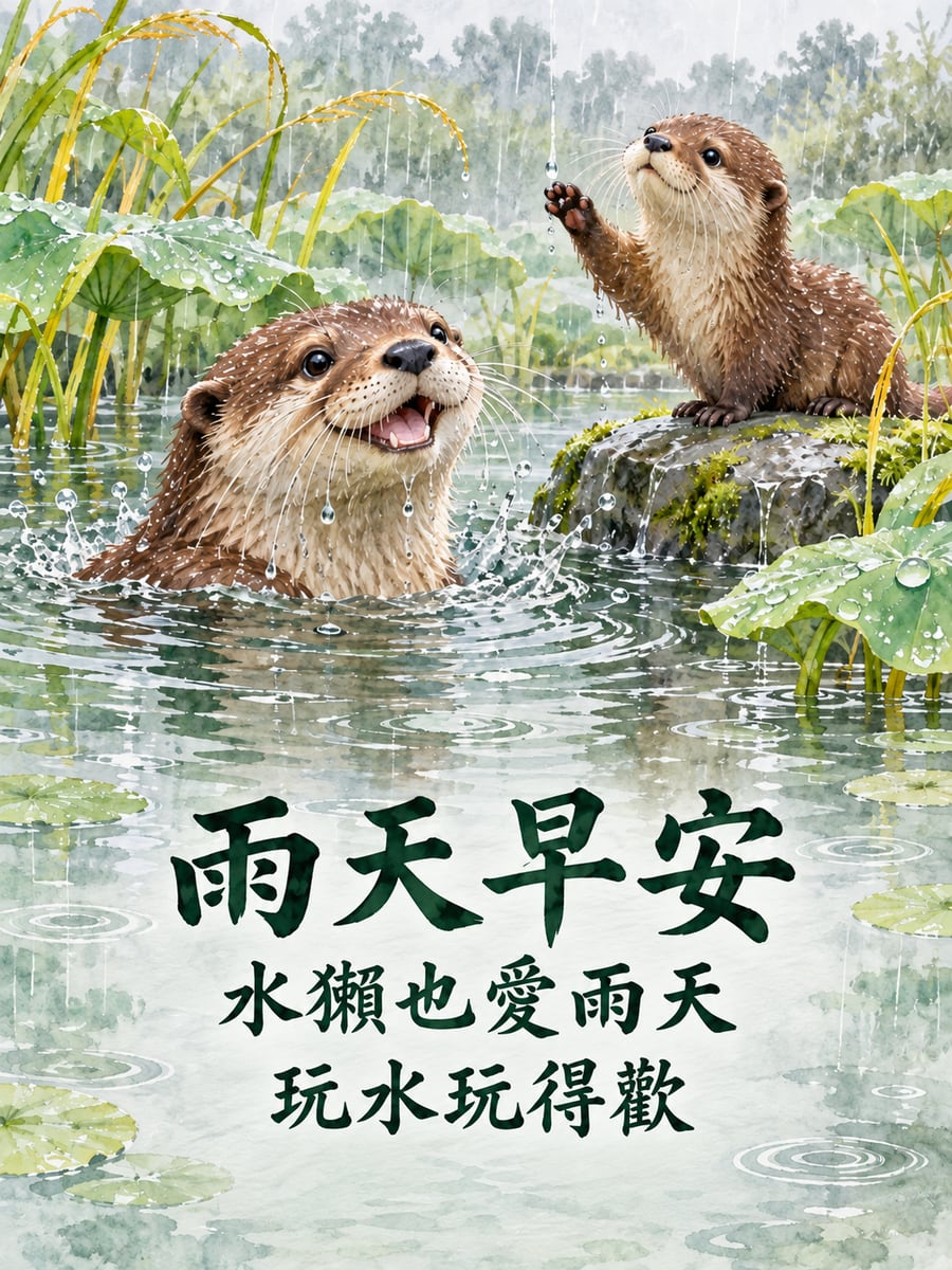 水獺也愛雨天。圖中文字：雨天早安，水獺也愛雨天，玩水玩得歡