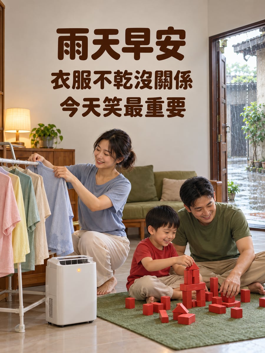 雨天晾衣的好心情。圖中文字：雨天早安，衣服不乾沒關係，今天笑最重要
