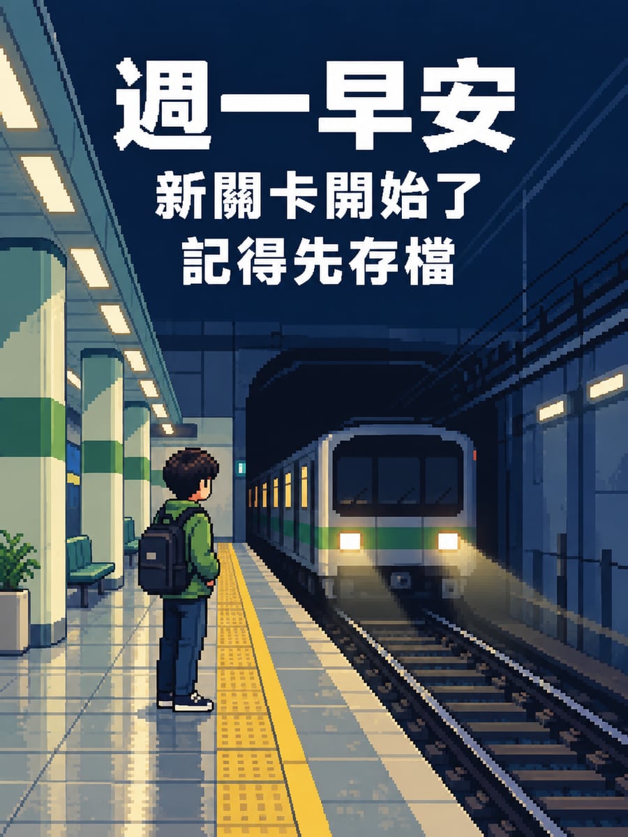 像素通勤關卡。圖中文字：週一早安，新關卡開始了，記得先存檔
