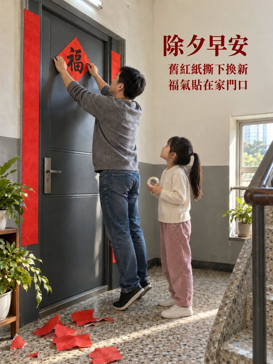 公寓鐵門貼福字。圖中文字：除夕早安，舊紅紙撕下換新，福氣貼在家門口