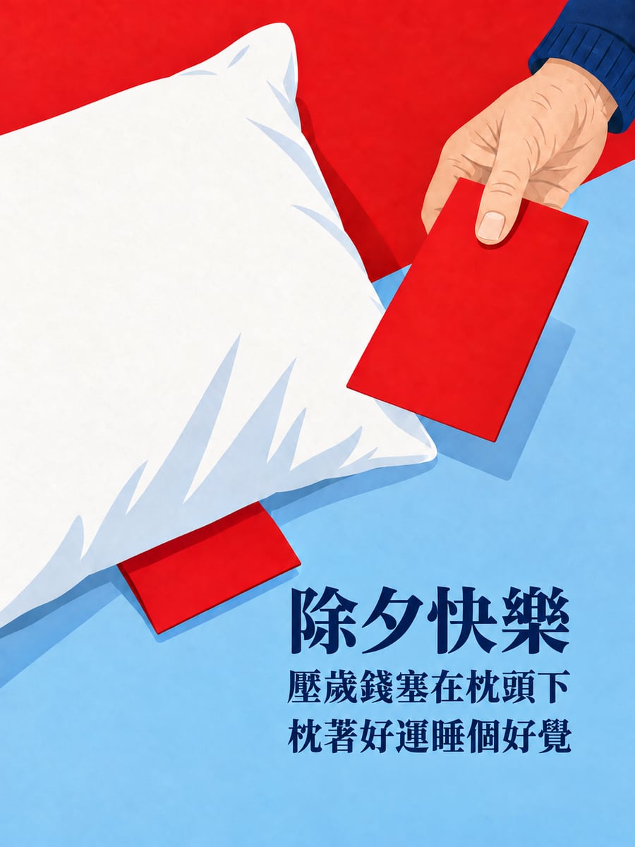 枕頭下的壓歲錢。圖中文字：除夕快樂，壓歲錢塞在枕頭下，枕著好運睡個好覺