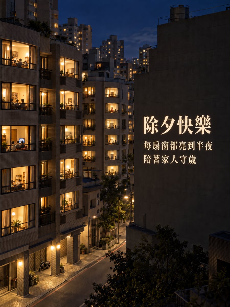 守歲的整排窗。圖中文字：除夕快樂，每扇窗都亮到半夜，陪著家人守歲