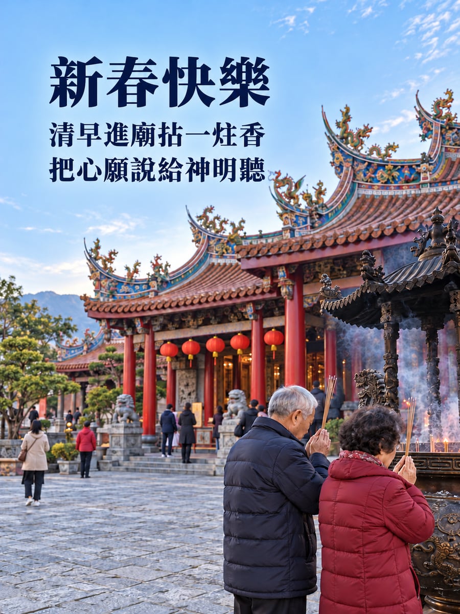 初一廟埕上香。圖中文字：新春快樂，清早進廟拈一炷香，把心願說給神明聽