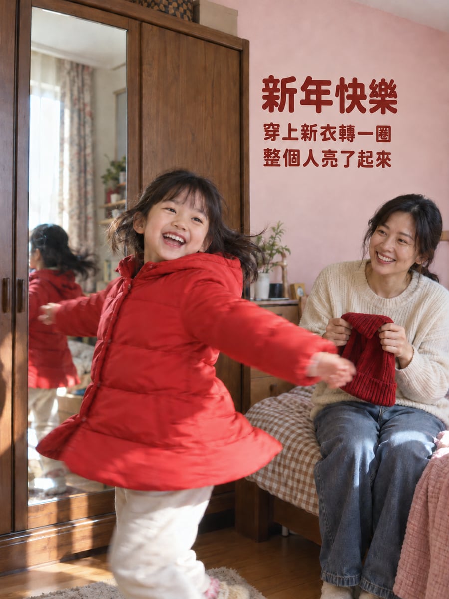 新衣轉一圈。圖中文字：新年快樂，穿上新衣轉一圈，整個人亮了起來