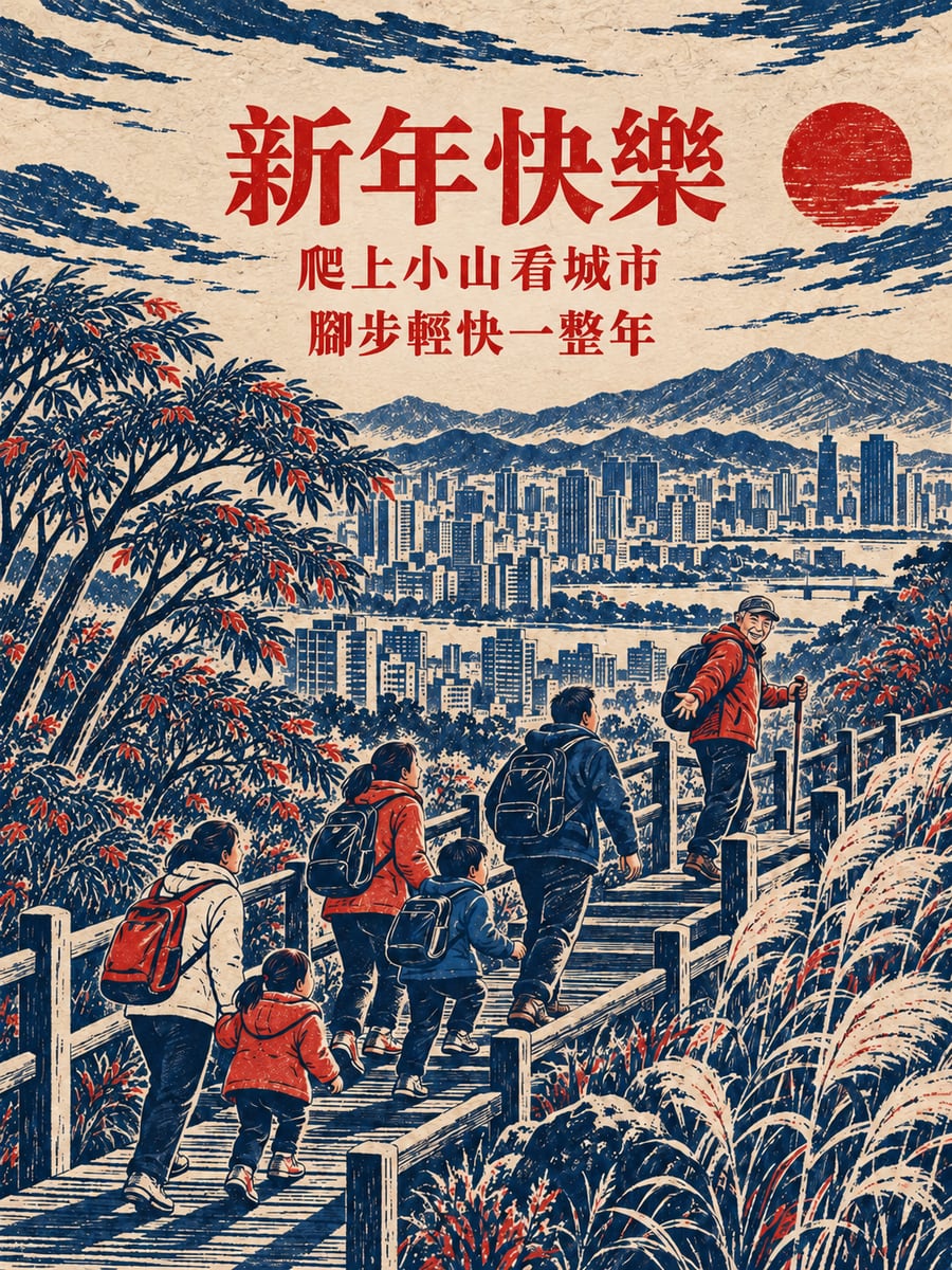 郊山走春。圖中文字：新年快樂，爬上小山看城市，腳步輕快一整年