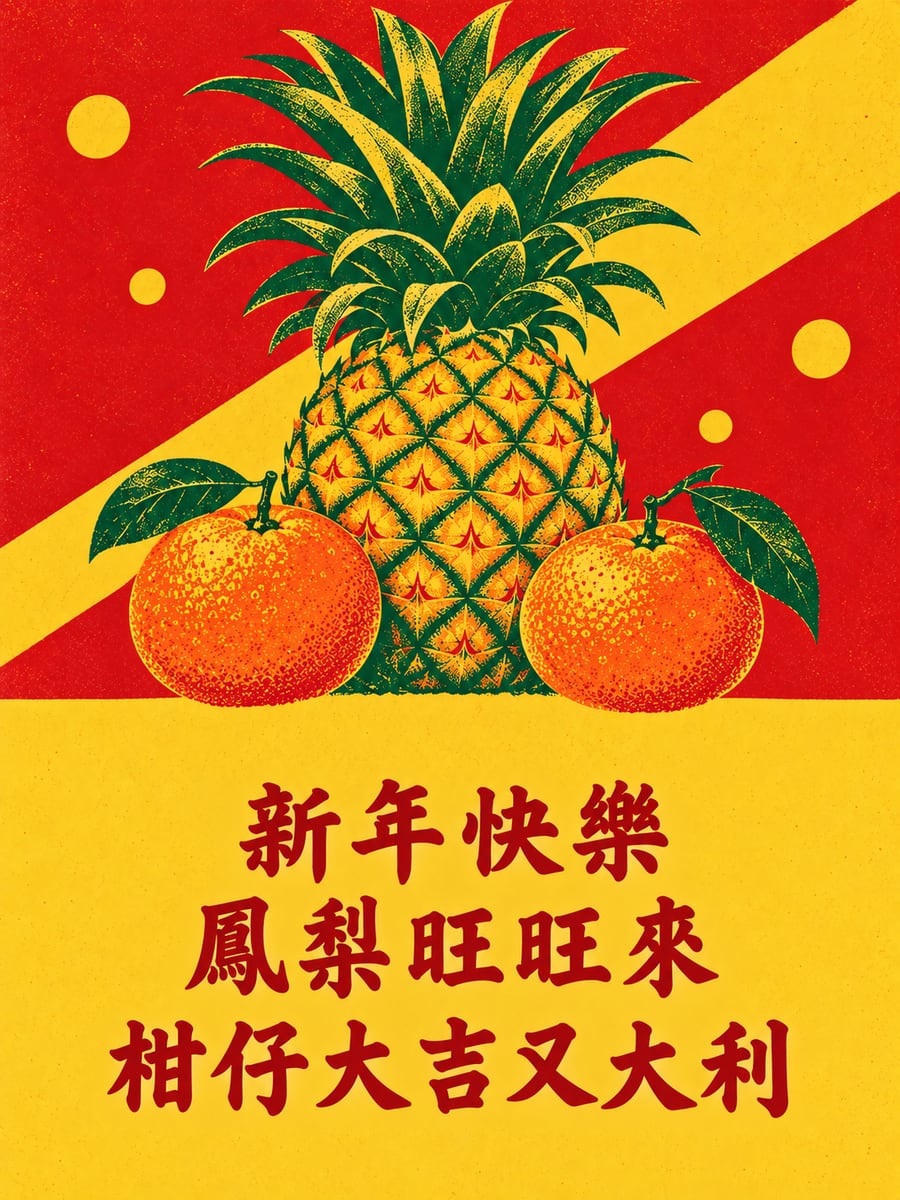 旺來與大吉。圖中文字：新年快樂，鳳梨旺旺來，柑仔大吉又大利