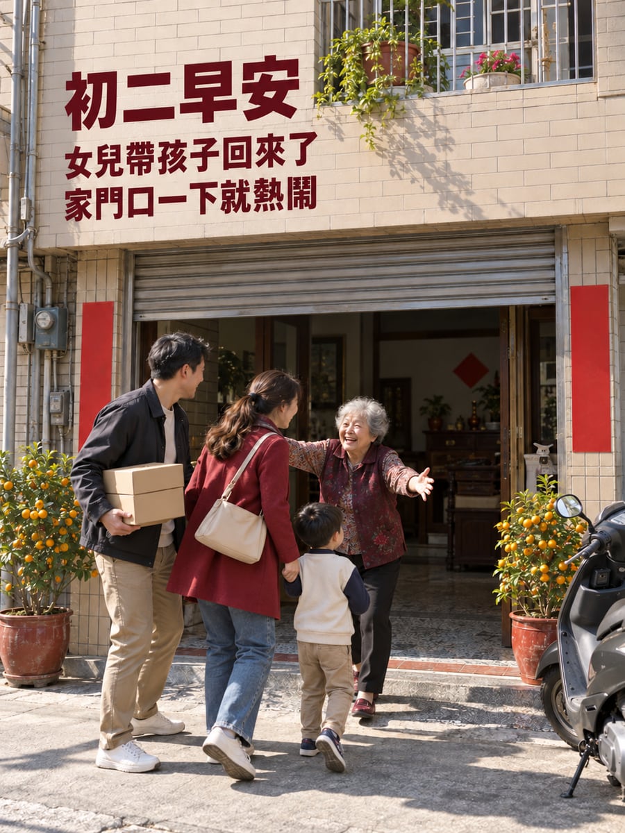 女兒回娘家。圖中文字：初二早安，女兒帶孩子回來了，家門口一下就熱鬧