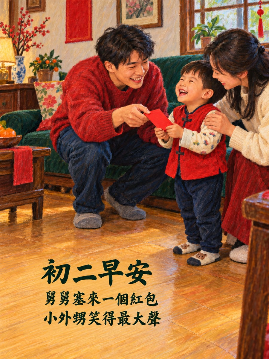 舅舅的紅包。圖中文字：初二早安，舅舅塞來一個紅包，小外甥笑得最大聲