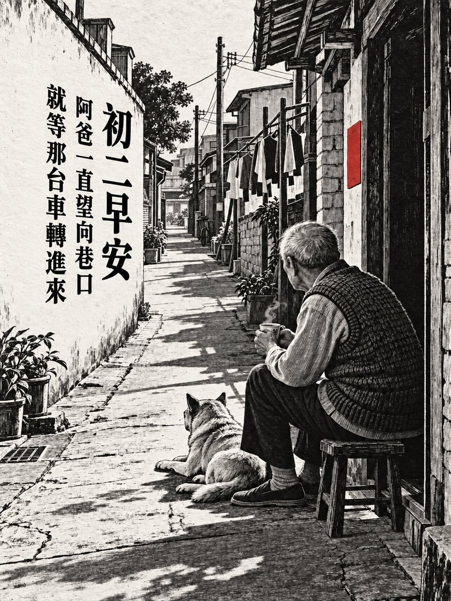 阿爸守在巷口。圖中文字：初二早安，阿爸一直望向巷口，就等那台車轉進來