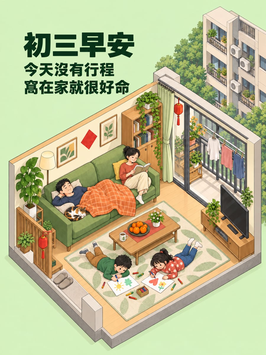 窩在家的初三。圖中文字：初三早安，今天沒有行程，窩在家就很好命
