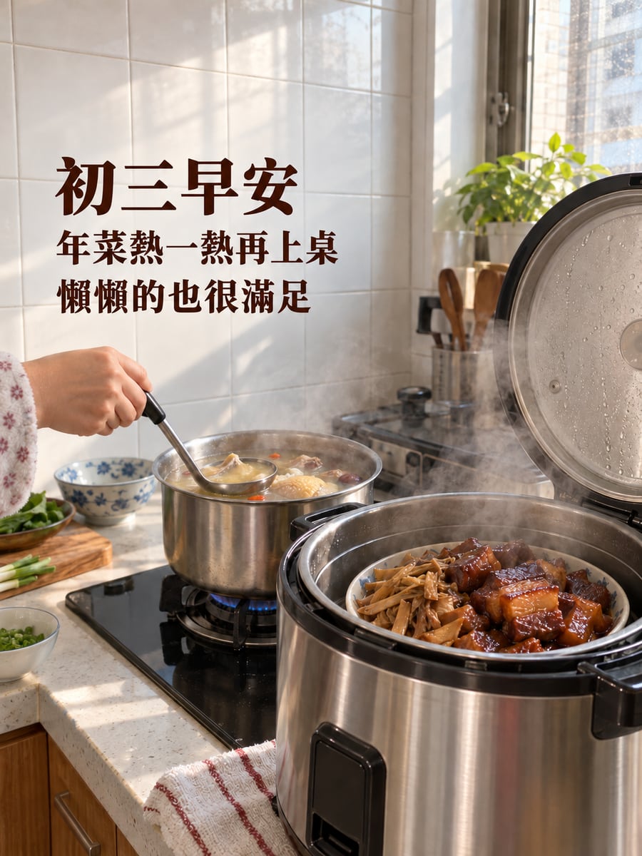 年菜熱一熱。圖中文字：初三早安，年菜熱一熱再上桌，懶懶的也很滿足