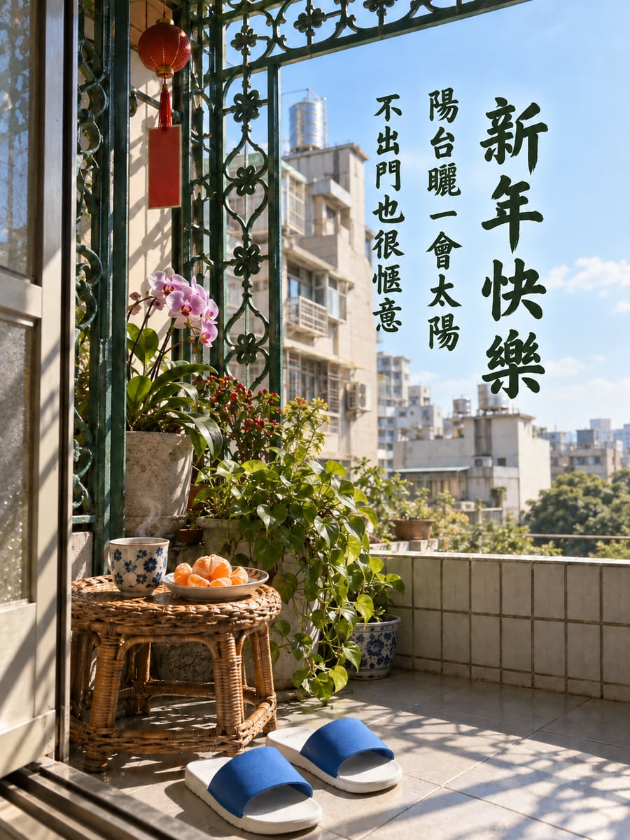 陽台曬太陽。圖中文字：新年快樂，陽台曬一會太陽，不出門也很愜意