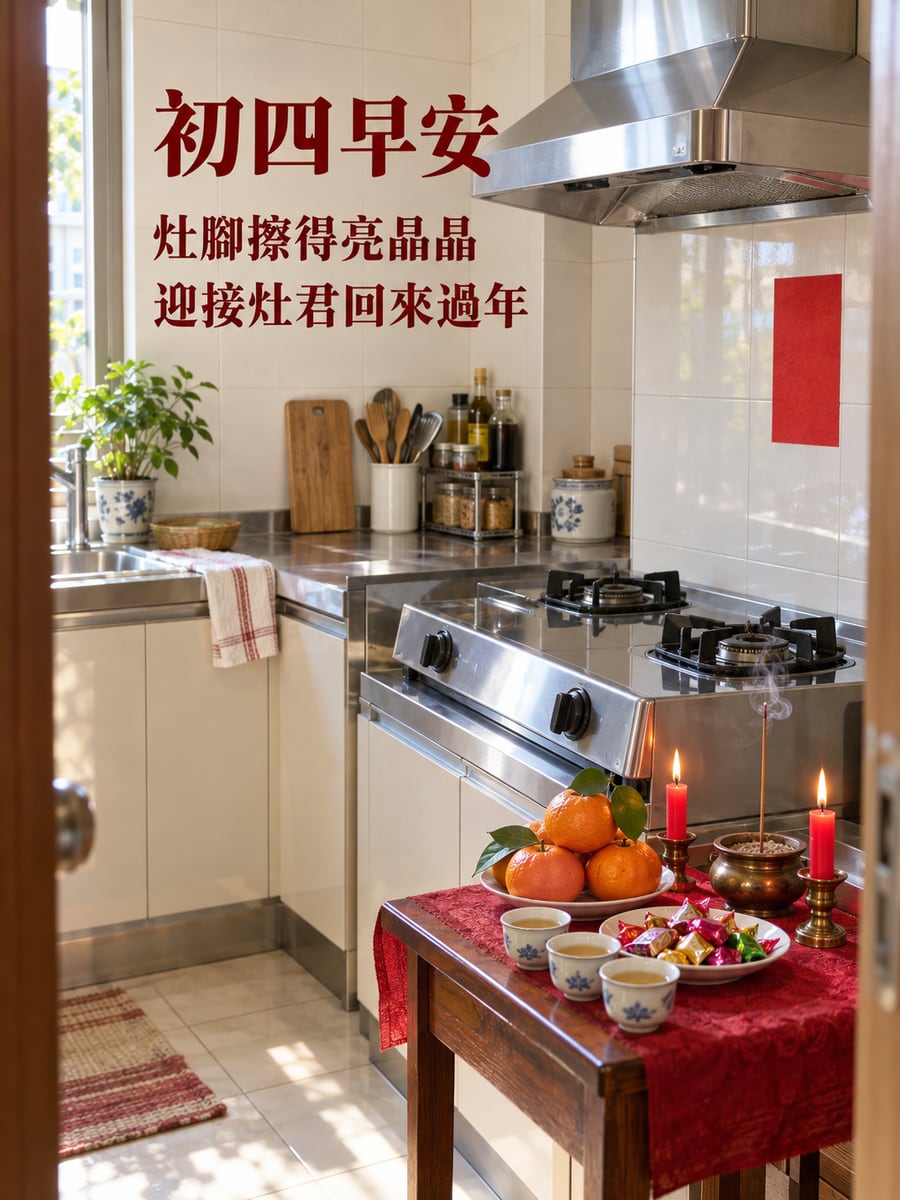 灶腳迎灶君。圖中文字：初四早安，灶腳擦得亮晶晶，迎接灶君回來過年