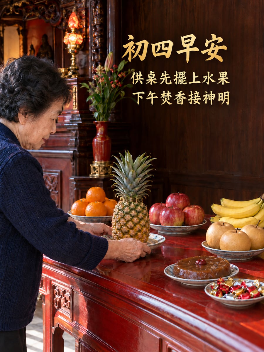 神明廳擺供桌。圖中文字：初四早安，供桌先擺上水果，下午焚香接神明