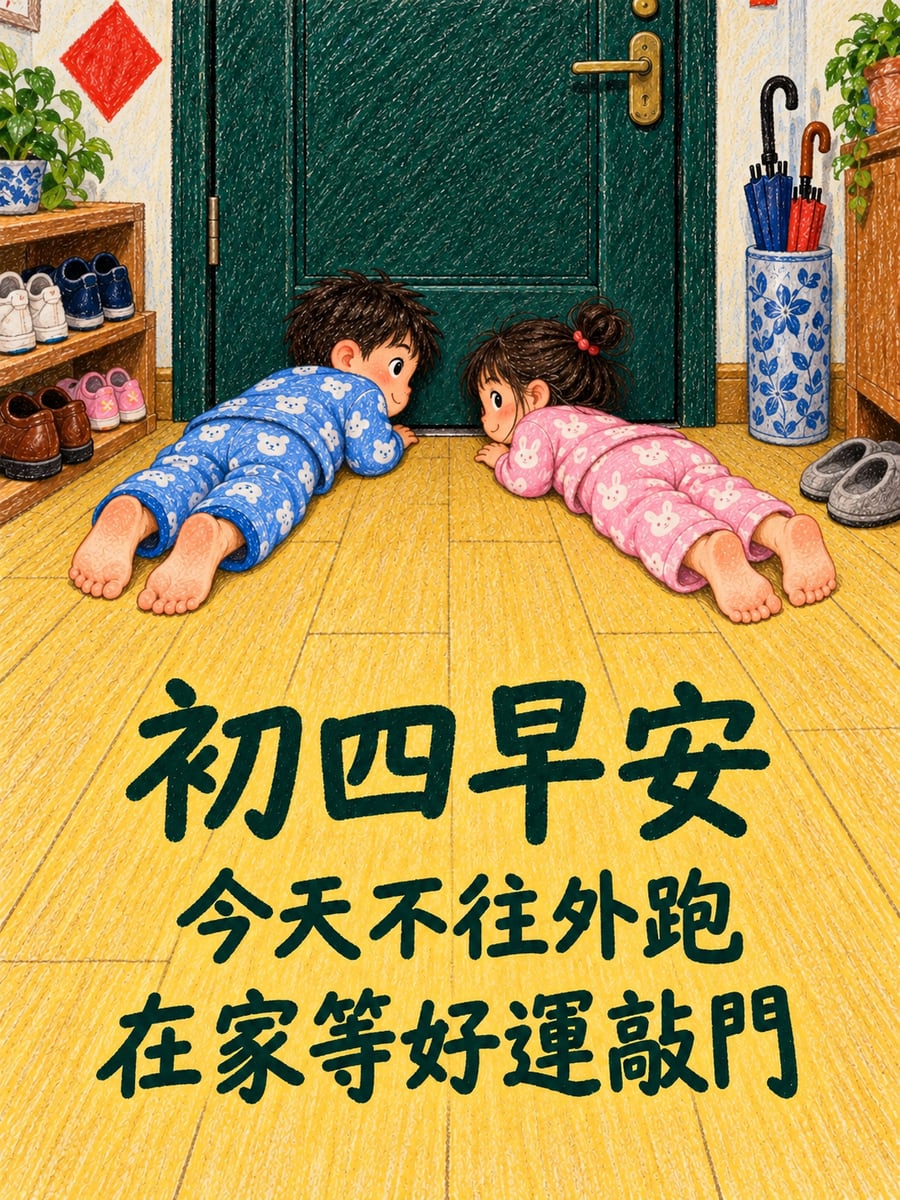 在家等好運敲門。圖中文字：初四早安，今天不往外跑，在家等好運敲門