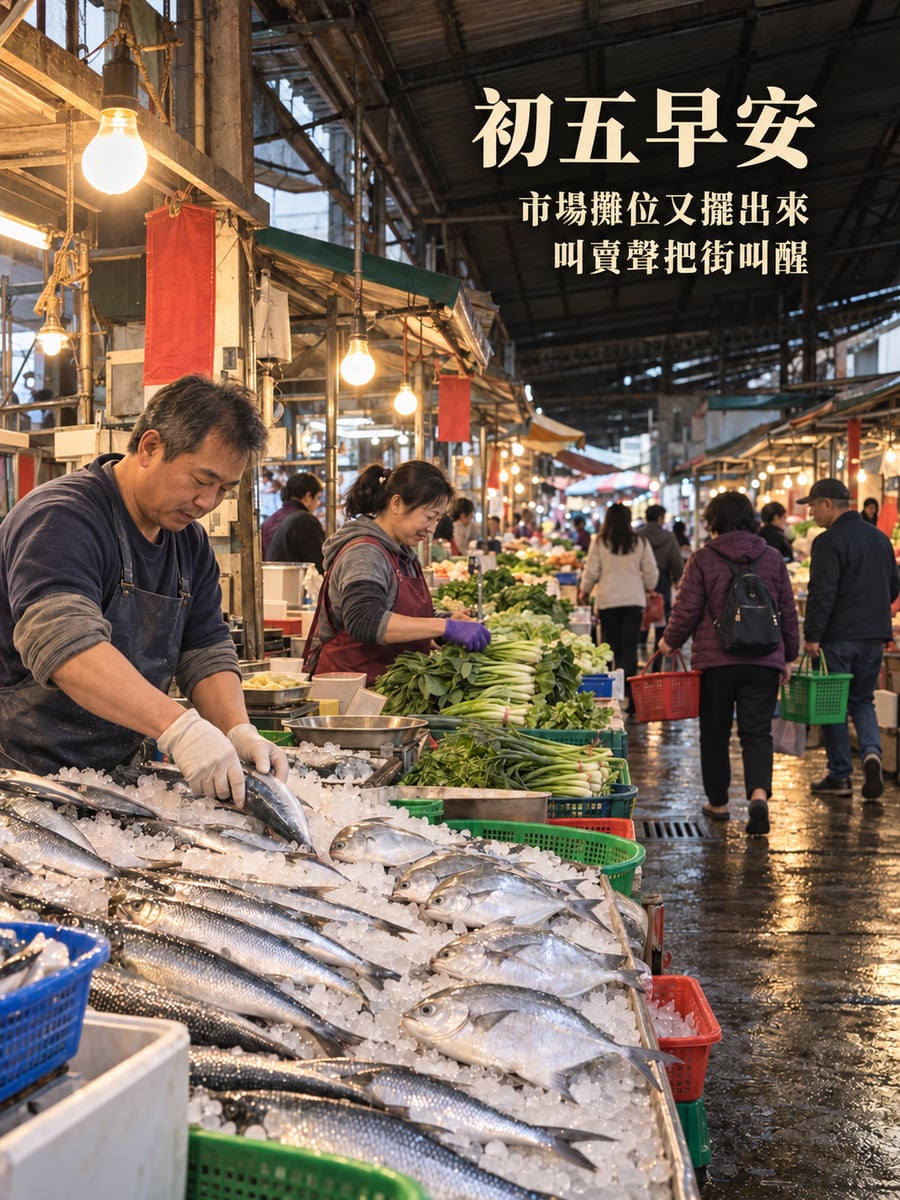 市場重新開張。圖中文字：初五早安，市場攤位又擺出來，叫賣聲把街叫醒