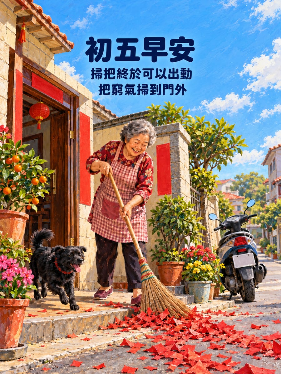 掃把終於出動。圖中文字：初五早安，掃把終於可以出動，把窮氣掃到門外