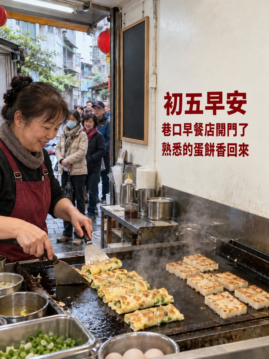 早餐店開門了。圖中文字：初五早安，巷口早餐店開門了，熟悉的蛋餅香回來