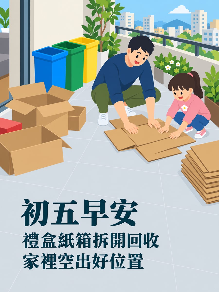 紙箱拆一拆。圖中文字：初五早安，禮盒紙箱拆開回收，家裡空出好位置