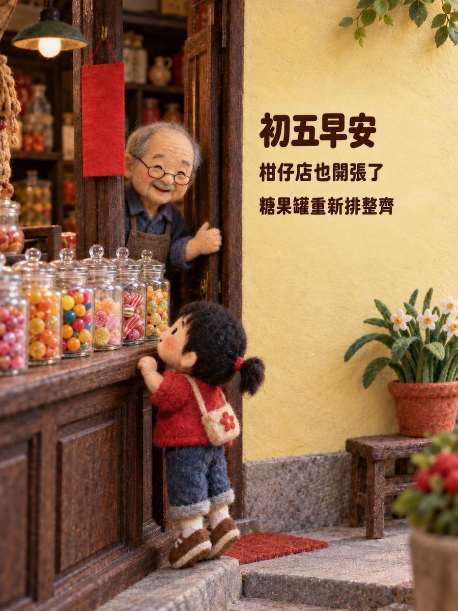 柑仔店也開張。圖中文字：初五早安，柑仔店也開張了，糖果罐重新排整齊