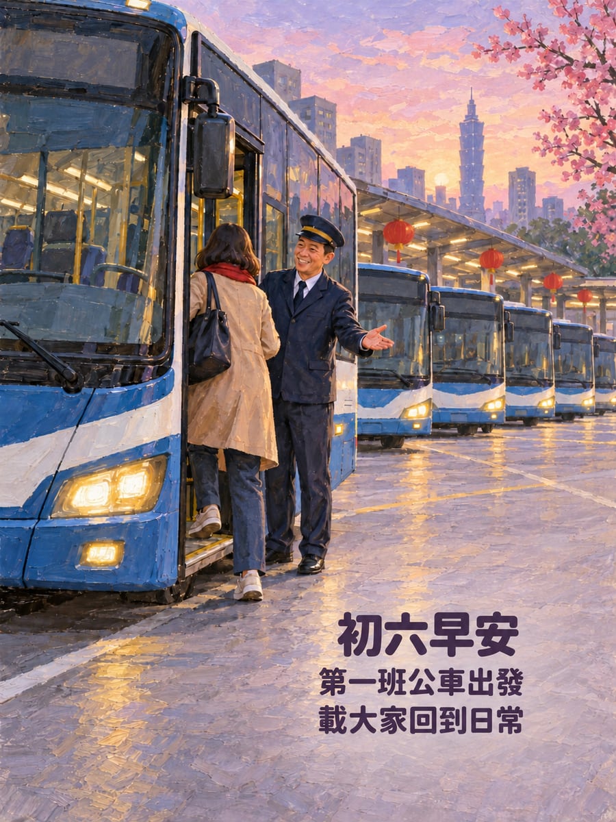 第一班公車。圖中文字：初六早安，第一班公車出發，載大家回到日常