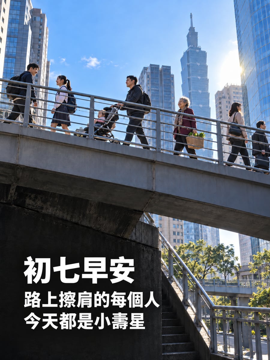 天橋上的每個壽星。圖中文字：初七早安，路上擦肩的每個人，今天都是小壽星