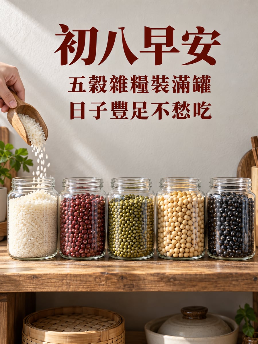 五穀裝滿罐。圖中文字：初八早安，五穀雜糧裝滿罐，日子豐足不愁吃