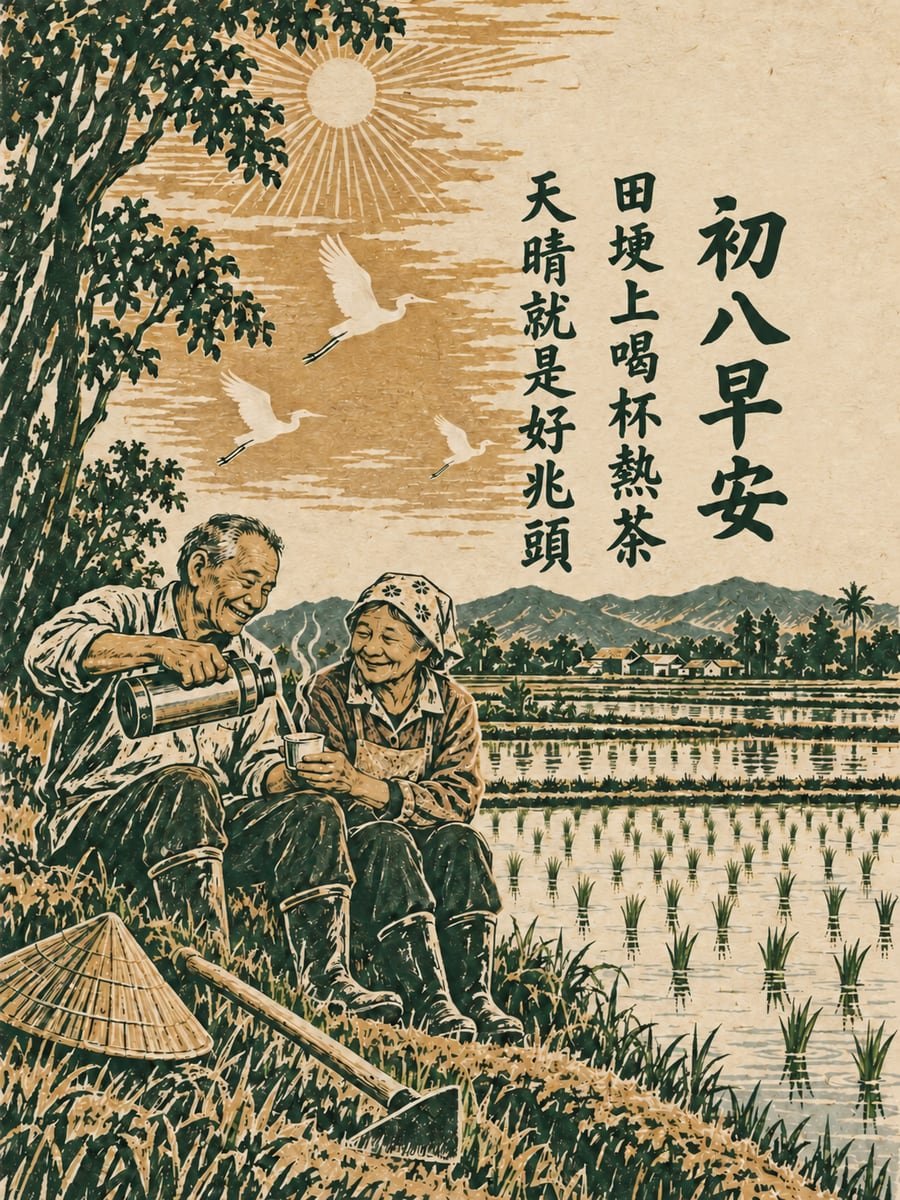 田埂上的熱茶。圖中文字：初八早安，田埂上喝杯熱茶，天晴就是好兆頭