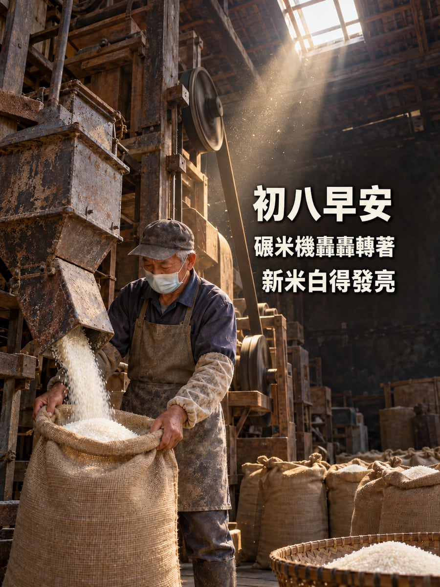 老碾米廠。圖中文字：初八早安，碾米機轟轟轉著，新米白得發亮
