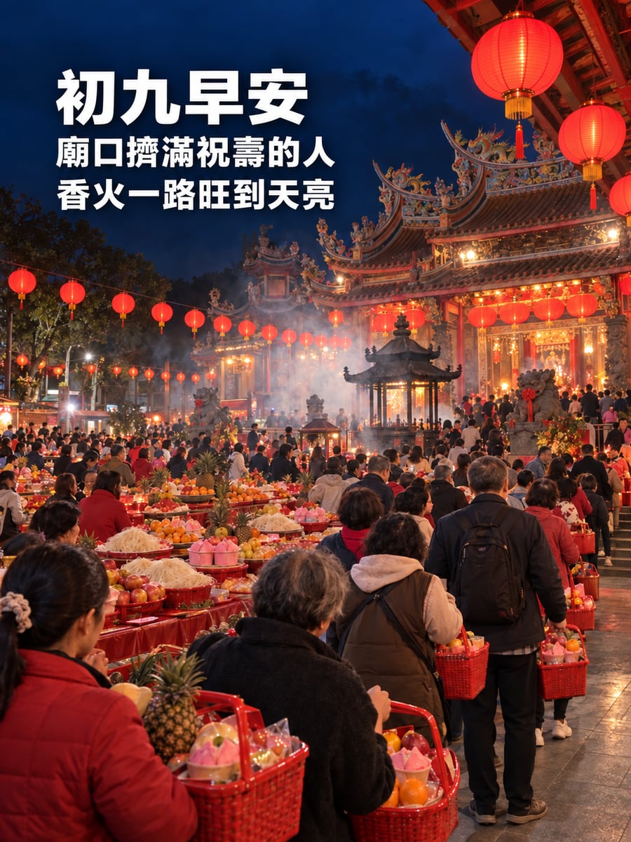 廟口人潮。圖中文字：初九早安，廟口擠滿祝壽的人，香火一路旺到天亮