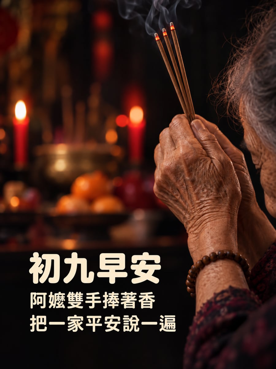 阿嬤雙手捧香。圖中文字：初九早安，阿嬤雙手捧著香，把一家平安說一遍