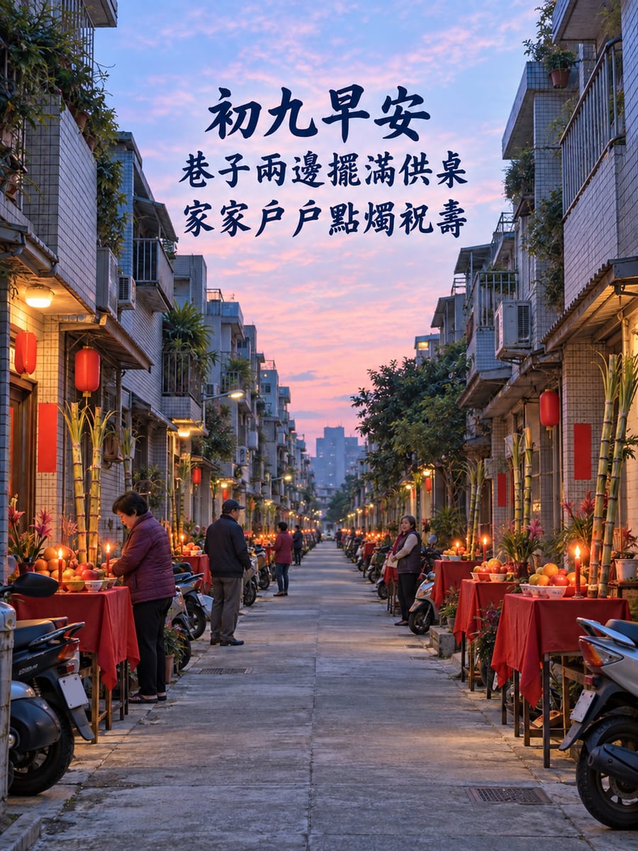 整條巷子的供桌。圖中文字：初九早安，巷子兩邊擺滿供桌，家家戶戶點燭祝壽