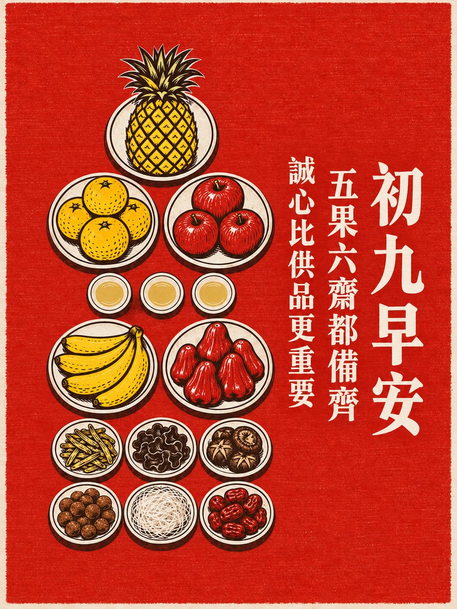 五果六齋。圖中文字：初九早安，五果六齋都備齊，誠心比供品更重要