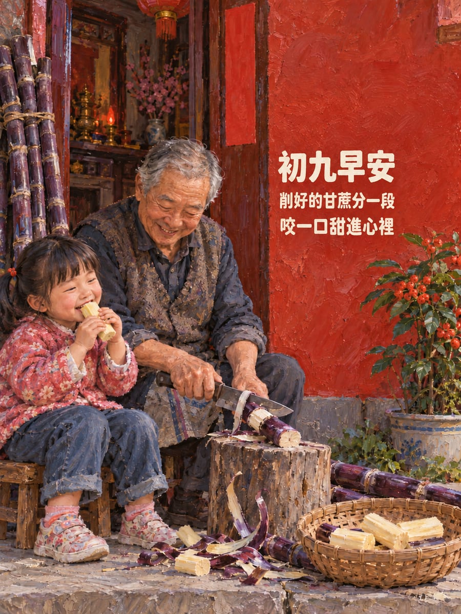 分一段甘蔗。圖中文字：初九早安，削好的甘蔗分一段，咬一口甜進心裡