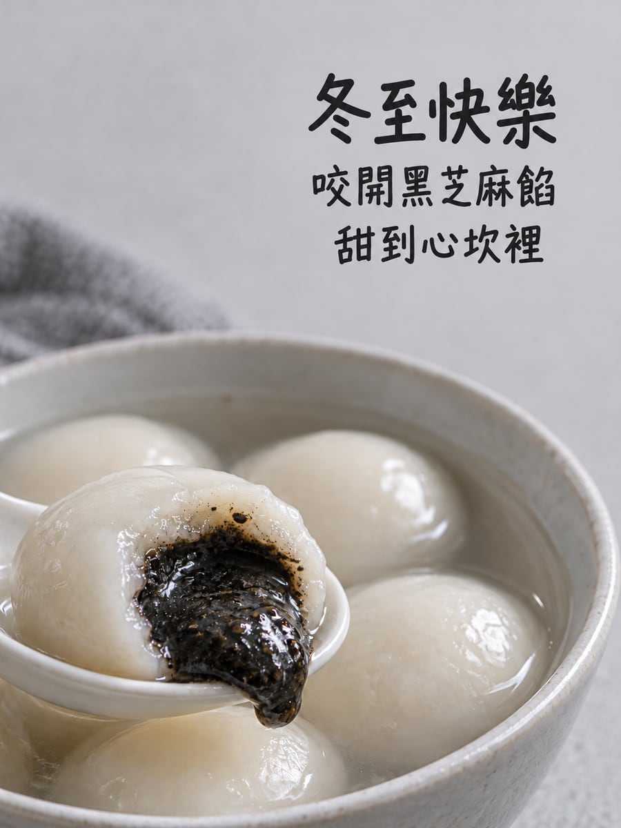 咬開芝麻內餡。圖中文字：冬至快樂，咬開黑芝麻餡，甜到心坎裡