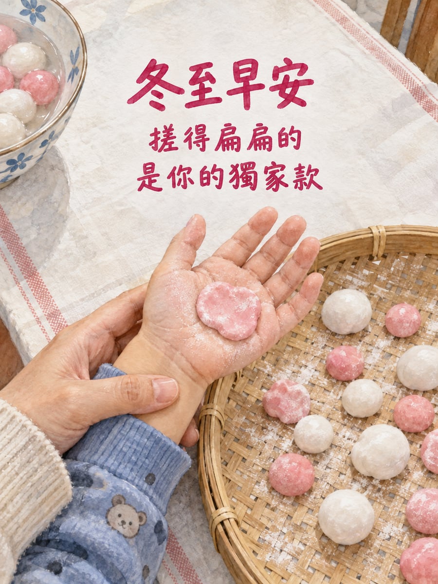 搓得扁扁的。圖中文字：冬至早安，搓得扁扁的，是你的獨家款
