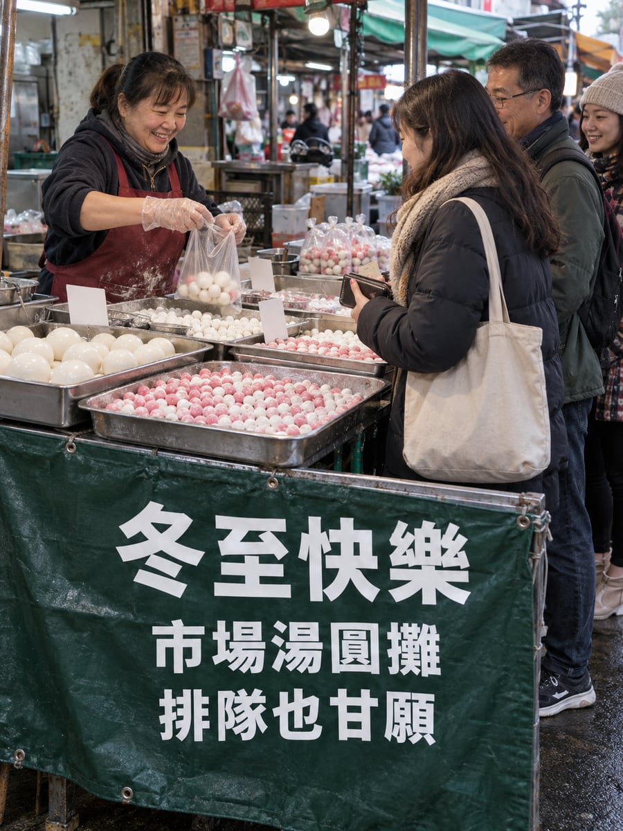 市場湯圓攤。圖中文字：冬至快樂，市場湯圓攤，排隊也甘願