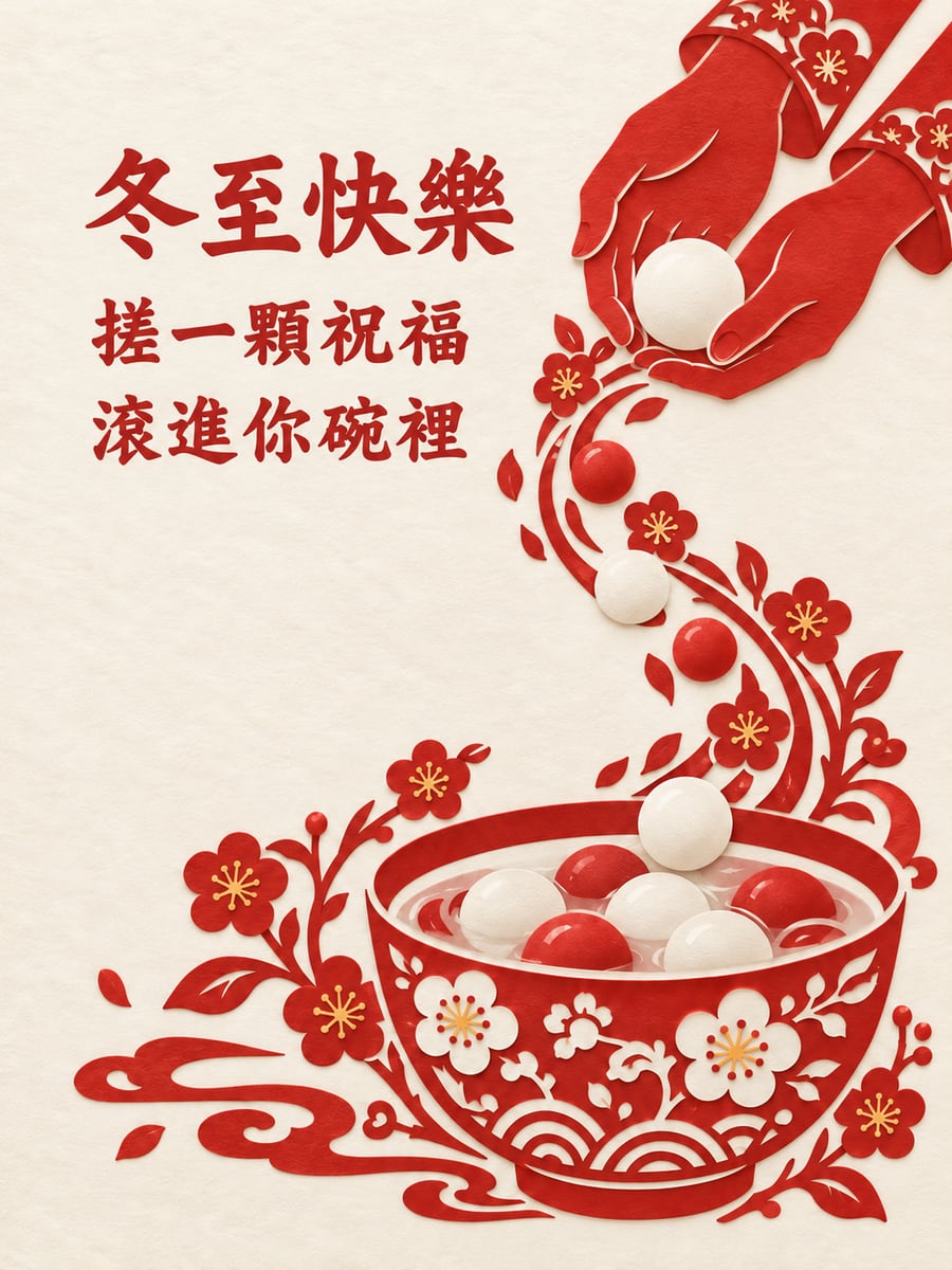 搓一顆祝福。圖中文字：冬至快樂，搓一顆祝福，滾進你碗裡