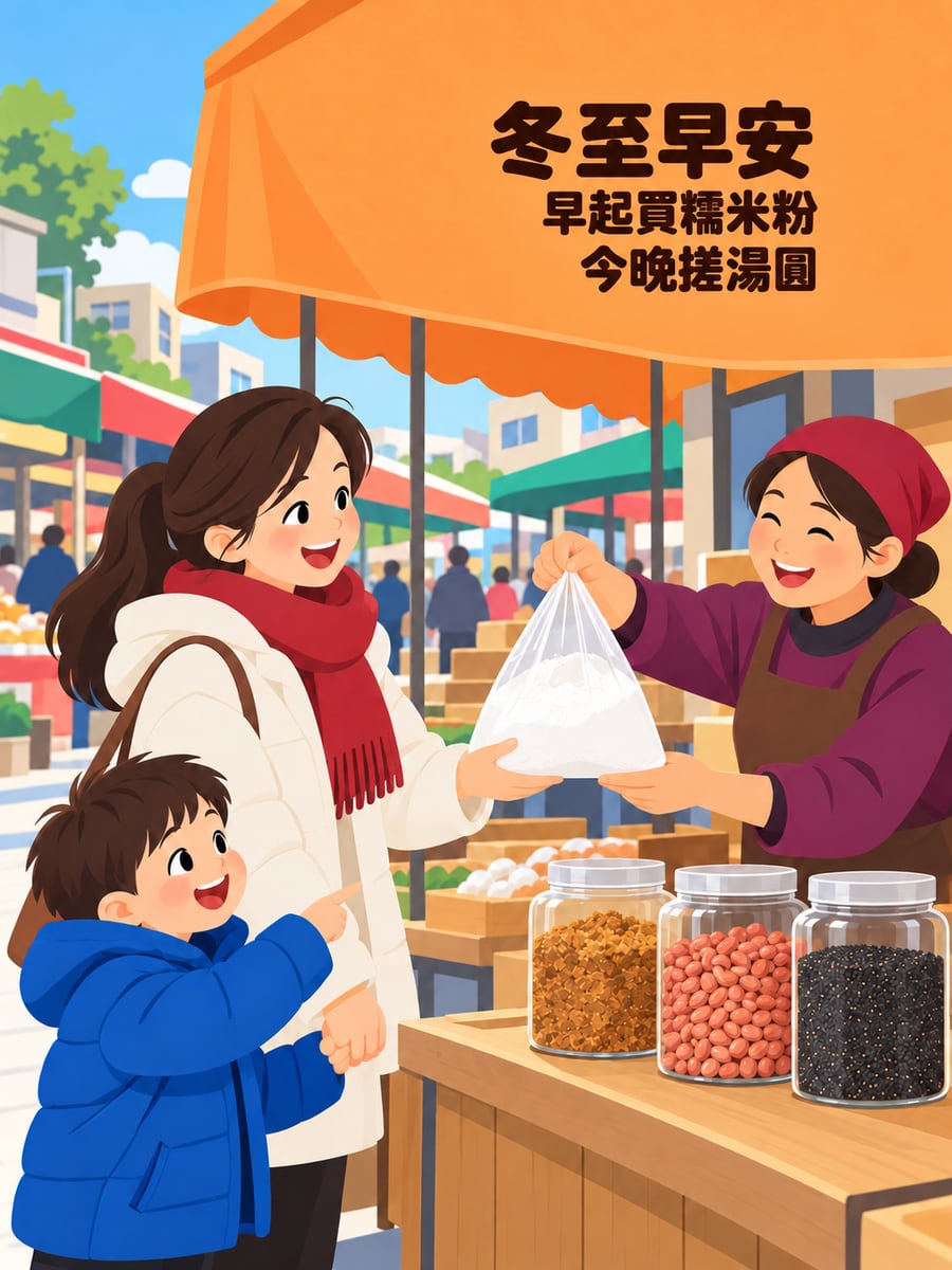 清晨市場挑糯米粉。圖中文字：冬至早安，早起買糯米粉，今晚搓湯圓