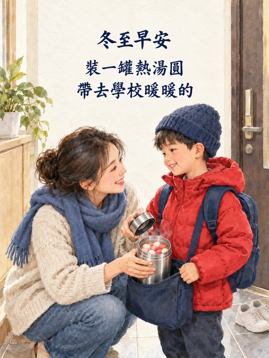 保溫罐裡的熱湯圓。圖中文字：冬至早安，裝一罐熱湯圓，帶去學校暖暖的