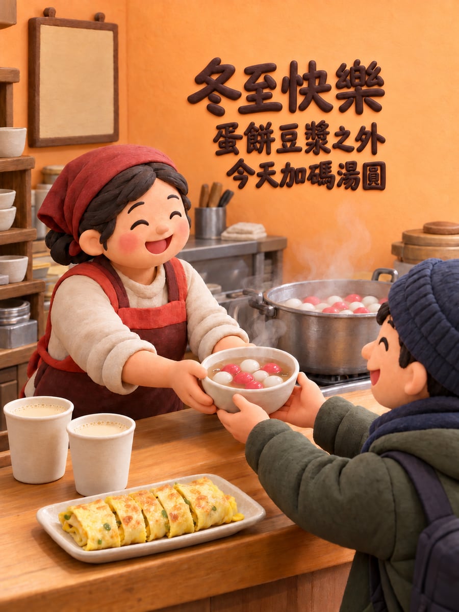 早餐店今天賣湯圓。圖中文字：冬至快樂，蛋餅豆漿之外，今天加碼湯圓